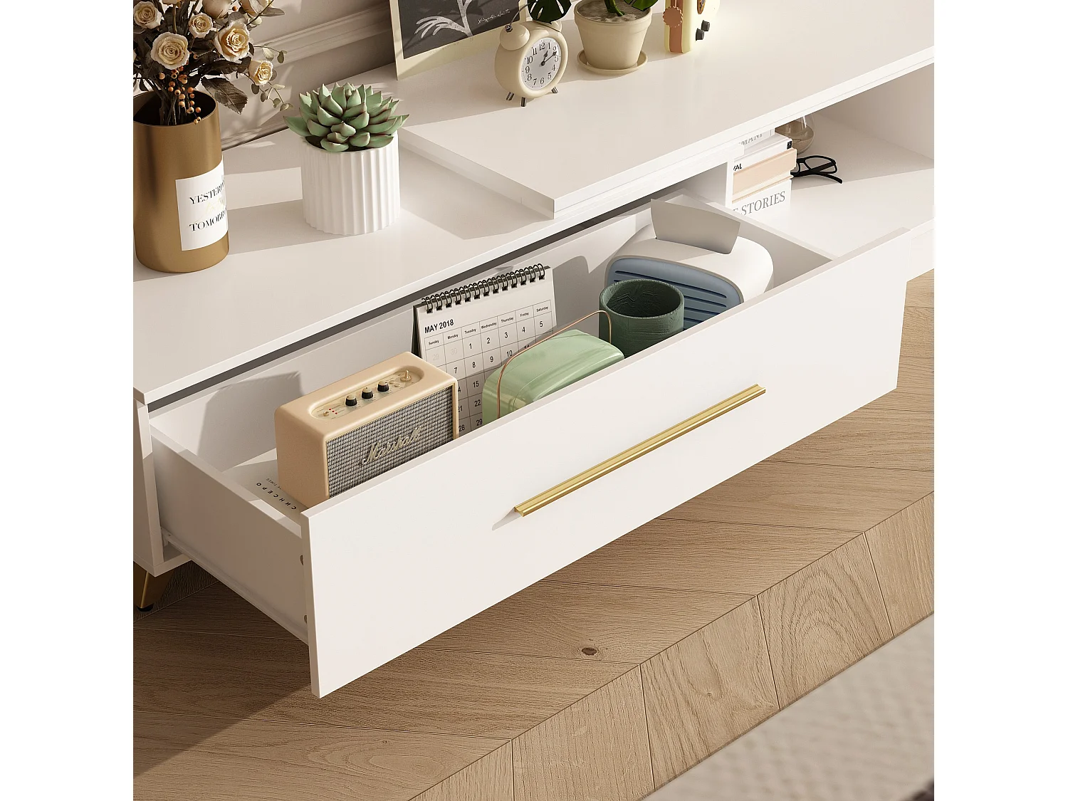 Meuble TV avec longueur réglable,support TV,Meuble bas,2 tiroirs,2 compartiments ouverts,238x30x40cm,Blanc