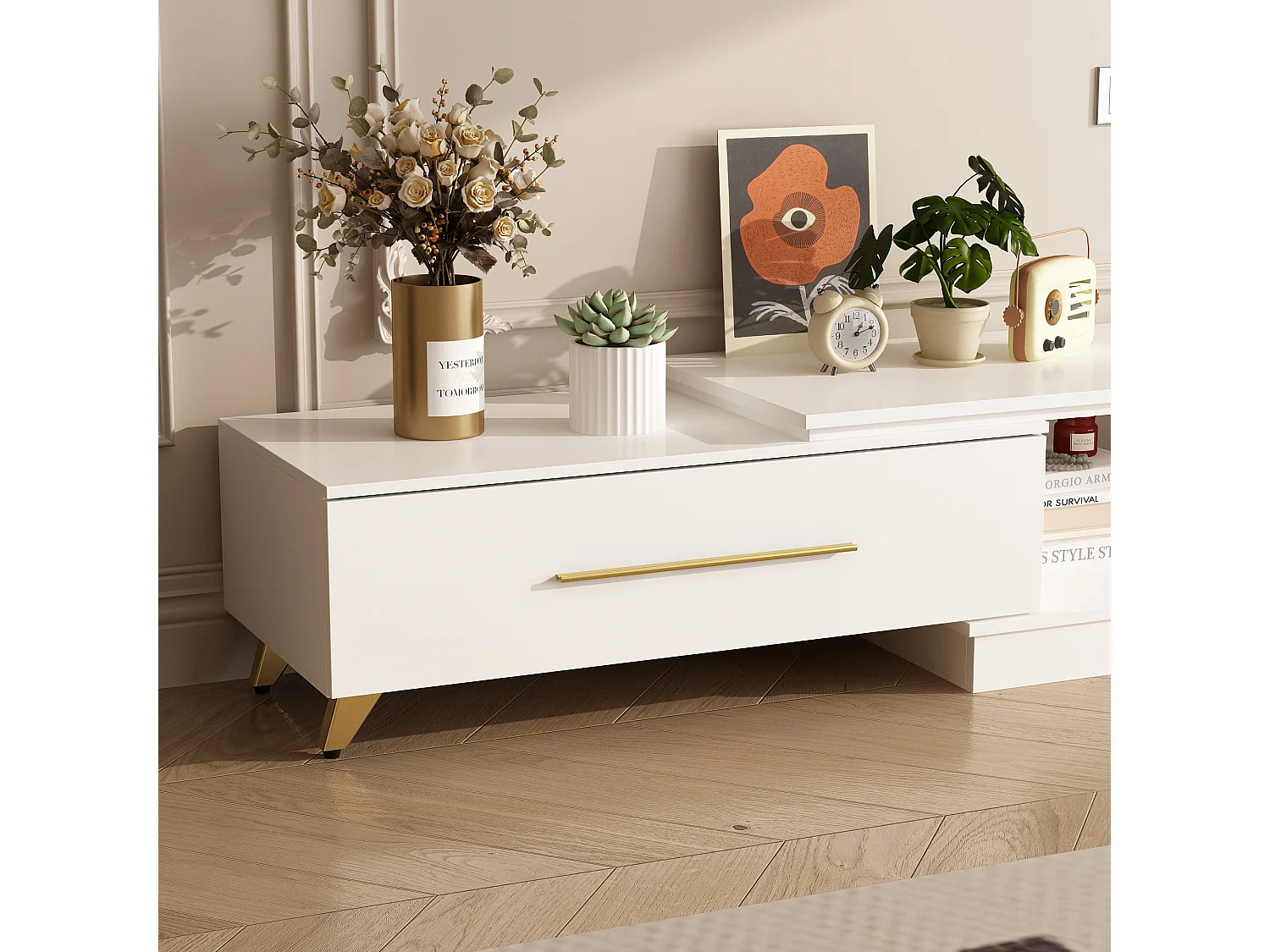 Meuble TV avec longueur réglable,support TV,Meuble bas,2 tiroirs,2 compartiments ouverts,238x30x40cm,Blanc