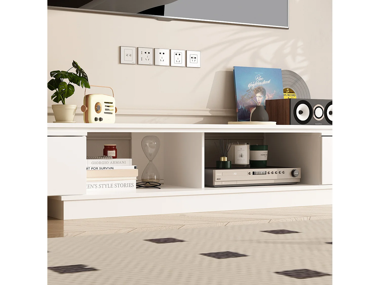 Meuble TV avec longueur réglable,support TV,Meuble bas,2 tiroirs,2 compartiments ouverts,238x30x40cm,Blanc