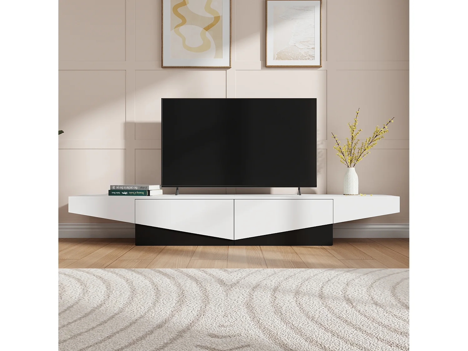Meuble TV - Support TV avec 2 Tiroirs, Meuble Bas de forme triangulaire inversée, Salon, 200 x 40 x 30.5cm, Blanc et Noir