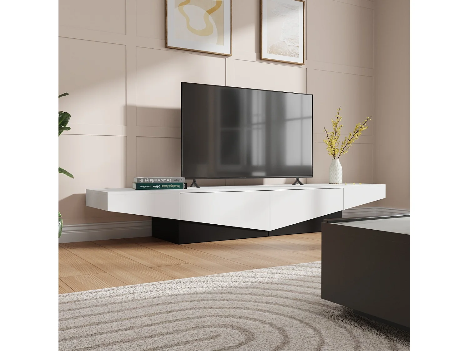 Meuble TV - Support TV avec 2 Tiroirs, Meuble Bas de forme triangulaire inversée, Salon, 200 x 40 x 30.5cm, Blanc et Noir