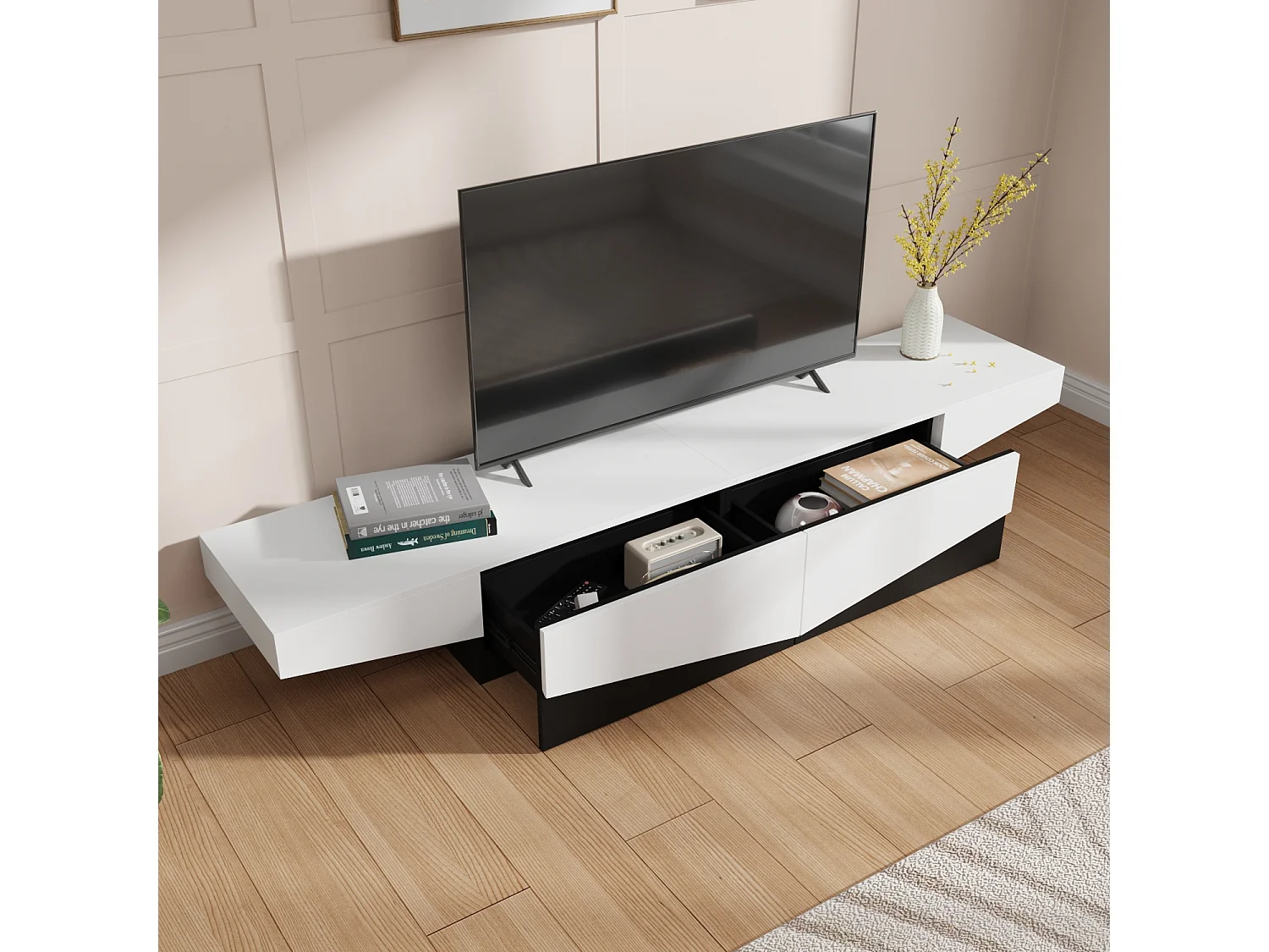 Meuble TV - Support TV avec 2 Tiroirs, Meuble Bas de forme triangulaire inversée, Salon, 200 x 40 x 30.5cm, Blanc et Noir