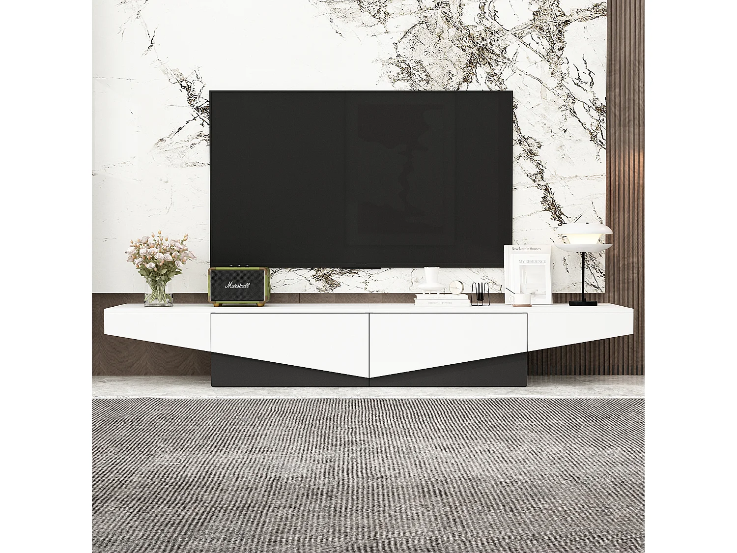Meuble TV - Support TV avec 2 Tiroirs, Meuble Bas de forme triangulaire inversée, Salon, 200 x 40 x 30.5cm, Blanc et Noir