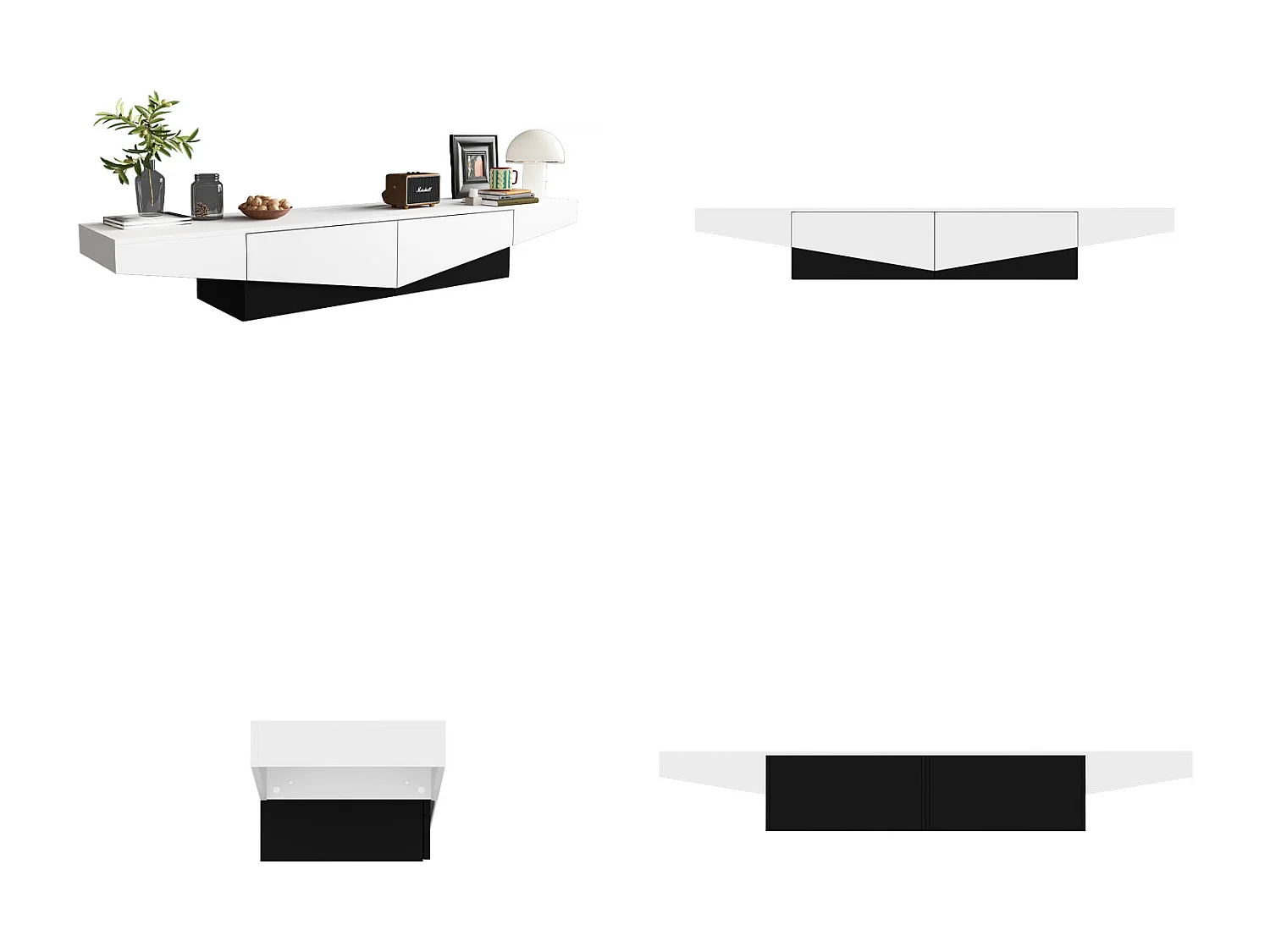 Meuble TV - Support TV avec 2 Tiroirs, Meuble Bas de forme triangulaire inversée, Salon, 200 x 40 x 30.5cm, Blanc et Noir