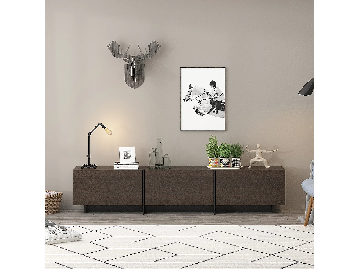 Meuble TV,support TV,Meuble bas,3 tiroirs,compartiments ouverts,182x29x38cm,Marron