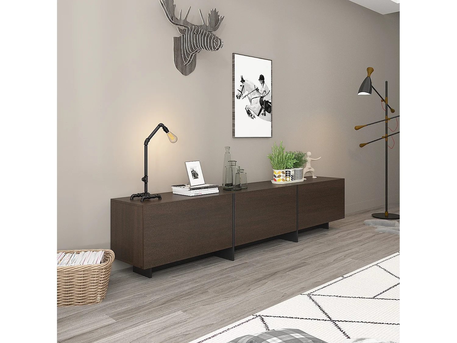 Meuble TV,support TV,Meuble bas,3 tiroirs,compartiments ouverts,182x29x38cm,Marron