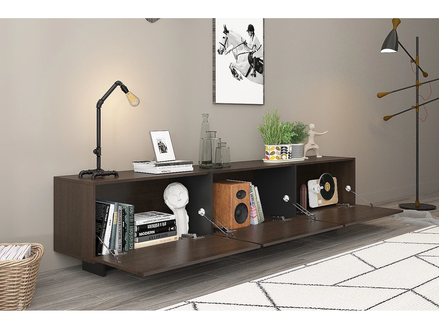 Meuble TV,support TV,Meuble bas,3 tiroirs,compartiments ouverts,182x29x38cm,Marron