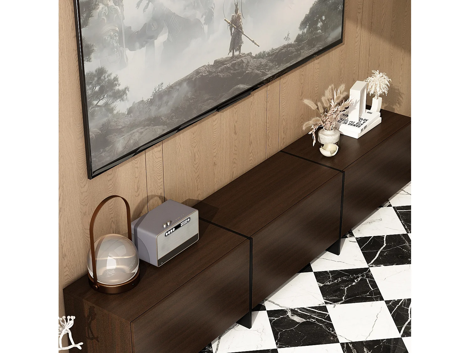 Meuble TV,support TV,Meuble bas,3 tiroirs,compartiments ouverts,182x29x38cm,Marron