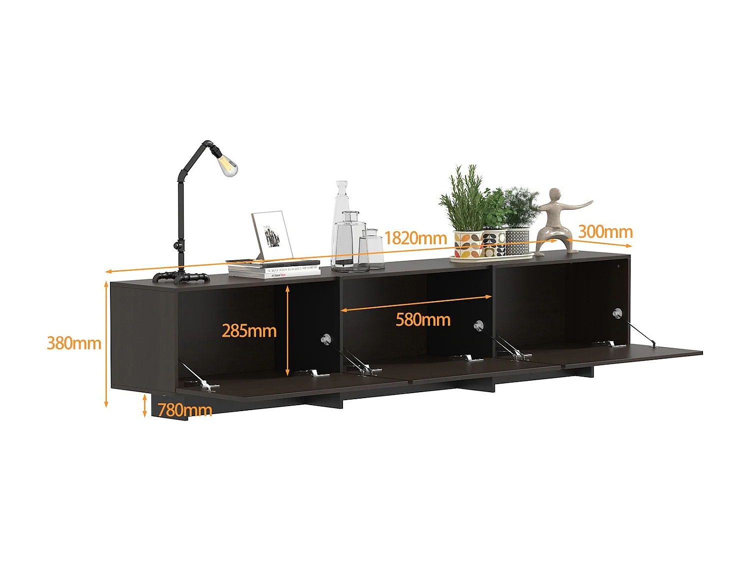 Meuble TV,support TV,Meuble bas,3 tiroirs,compartiments ouverts,182x29x38cm,Marron