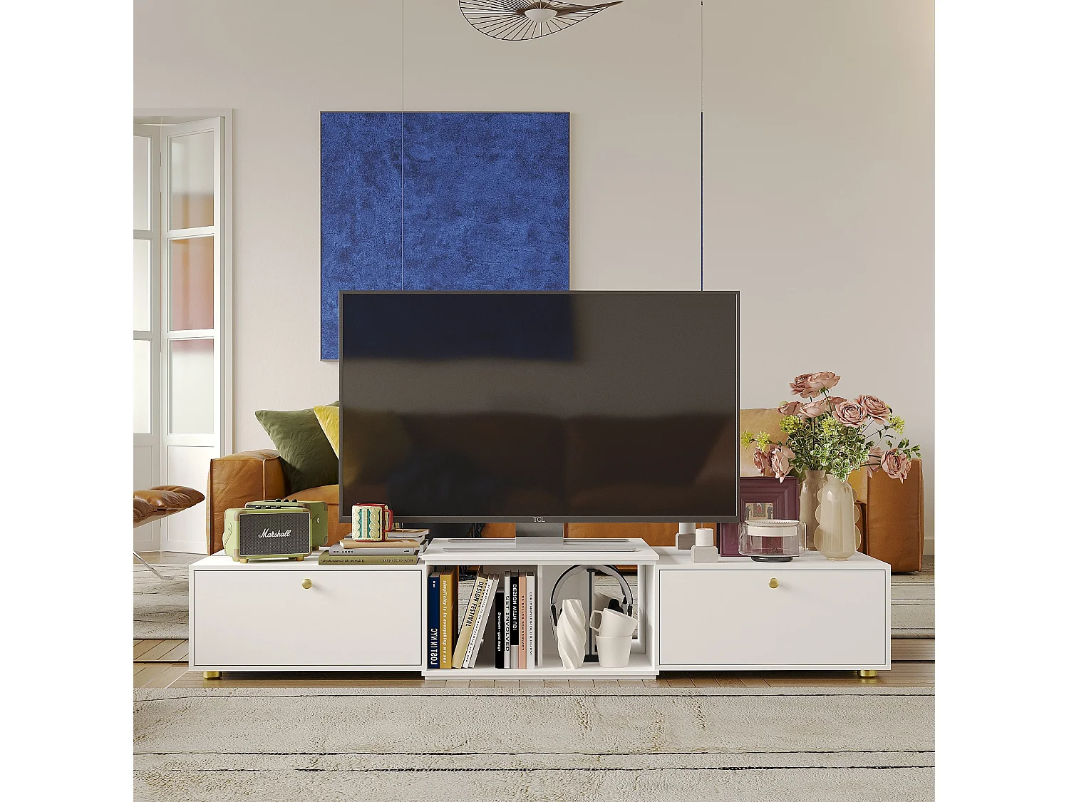 Meuble TV avec longueur réglable,support TV,Meuble bas,2 tiroirs,2 compartiments ouverts,120x30x31cm,Blanc