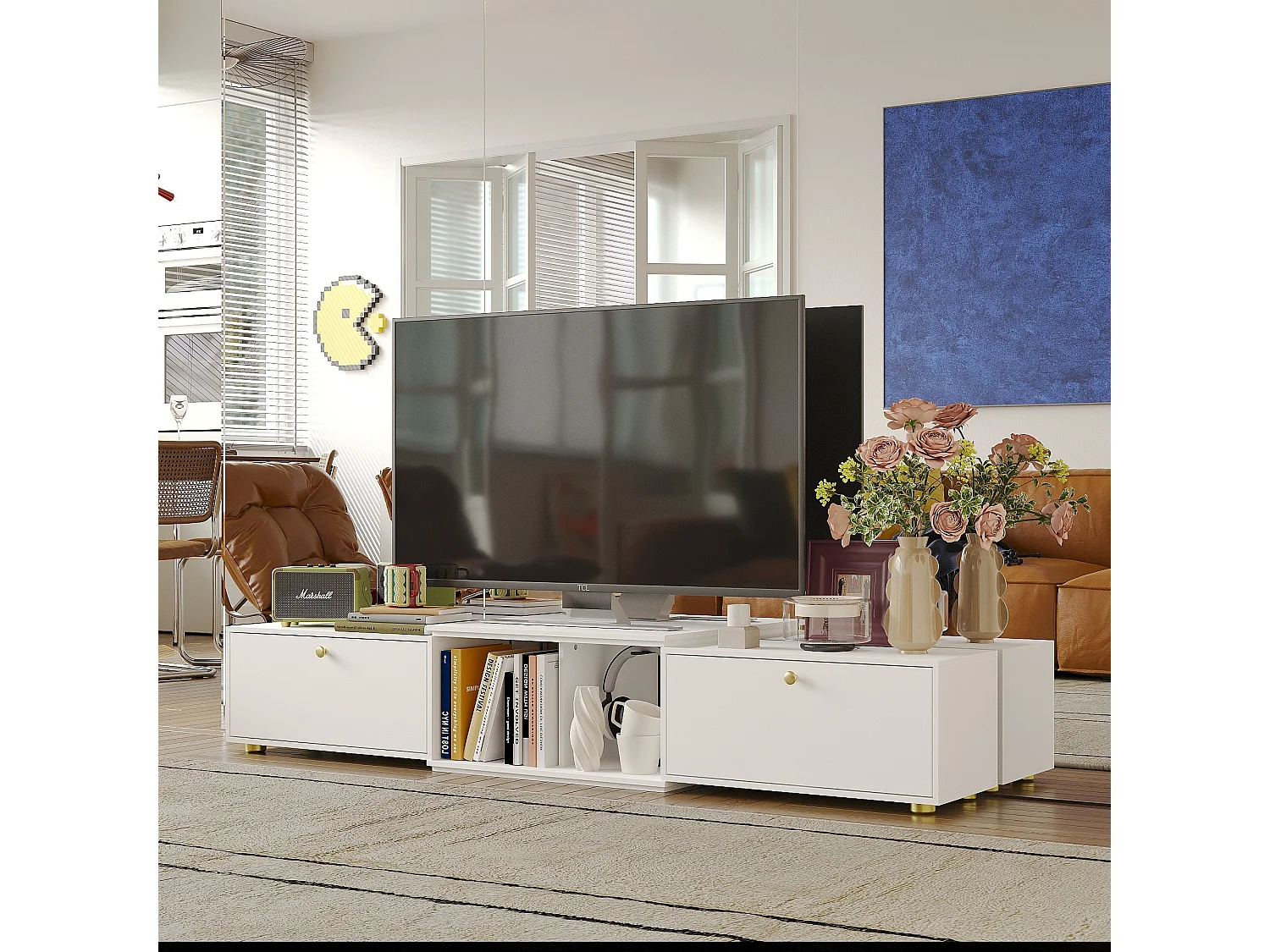 Meuble TV avec longueur réglable,support TV,Meuble bas,2 tiroirs,2 compartiments ouverts,120x30x31cm,Blanc