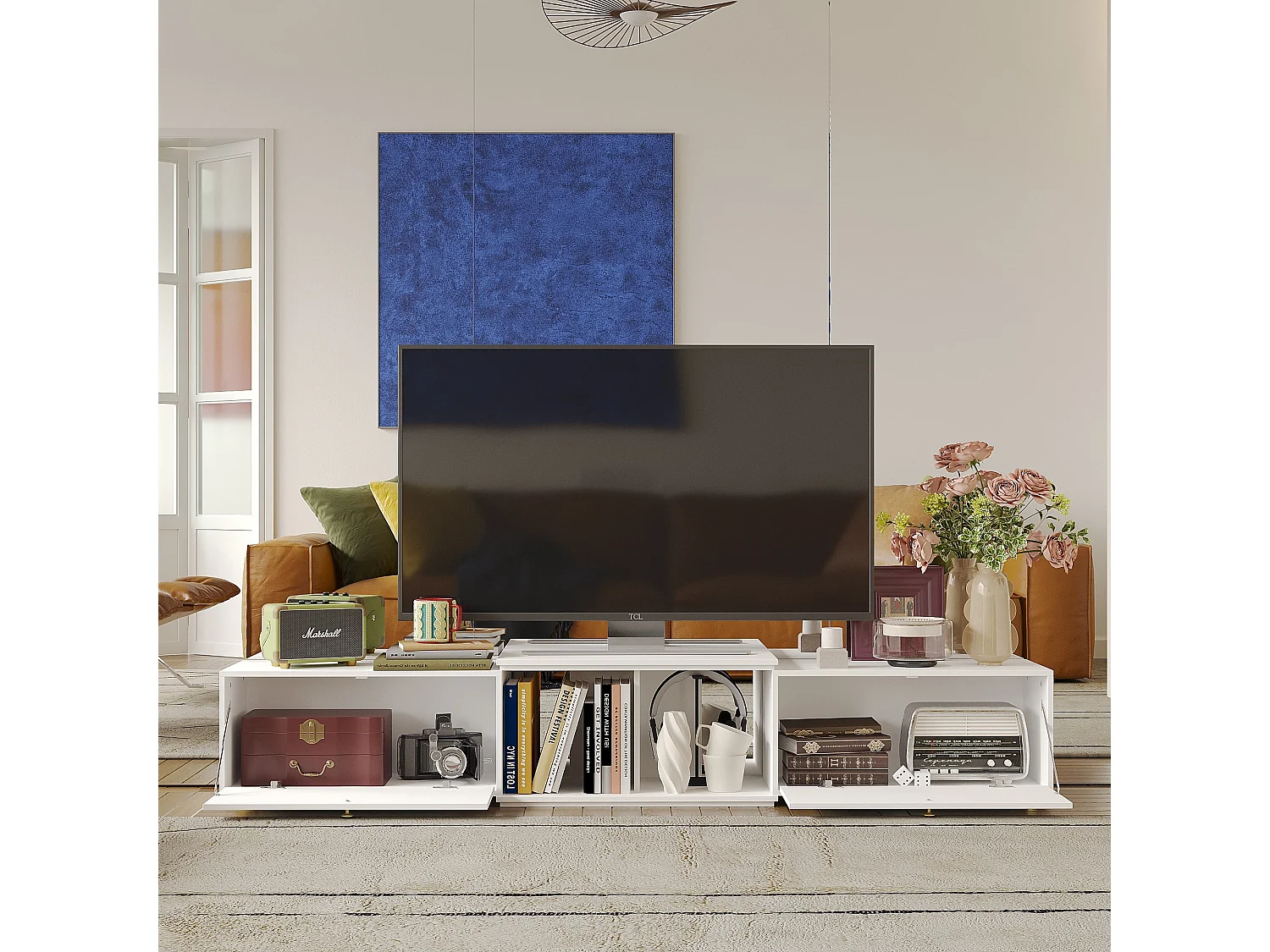 Meuble TV avec longueur réglable,support TV,Meuble bas,2 tiroirs,2 compartiments ouverts,120x30x31cm,Blanc