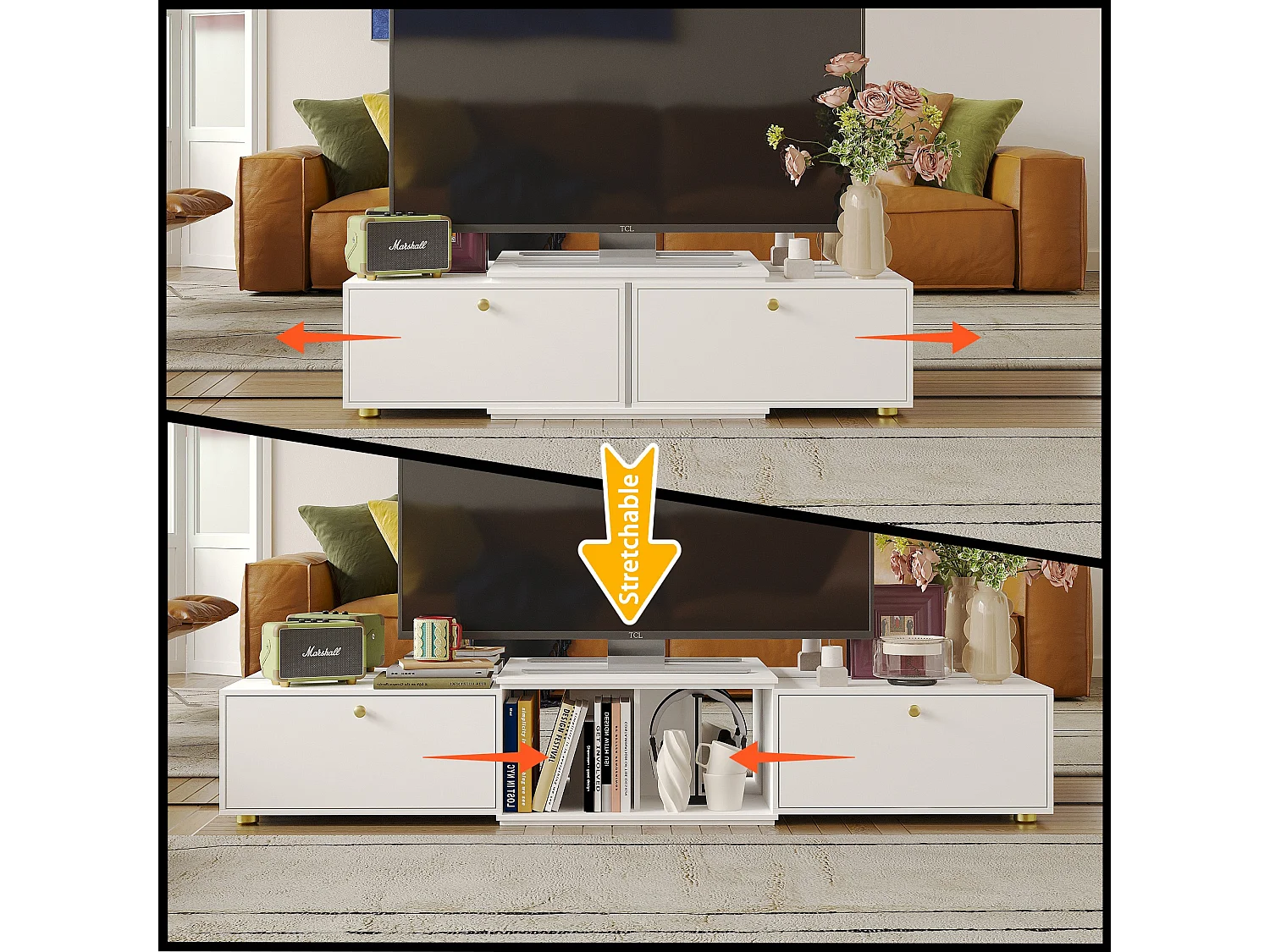 Meuble TV avec longueur réglable,support TV,Meuble bas,2 tiroirs,2 compartiments ouverts,120x30x31cm,Blanc