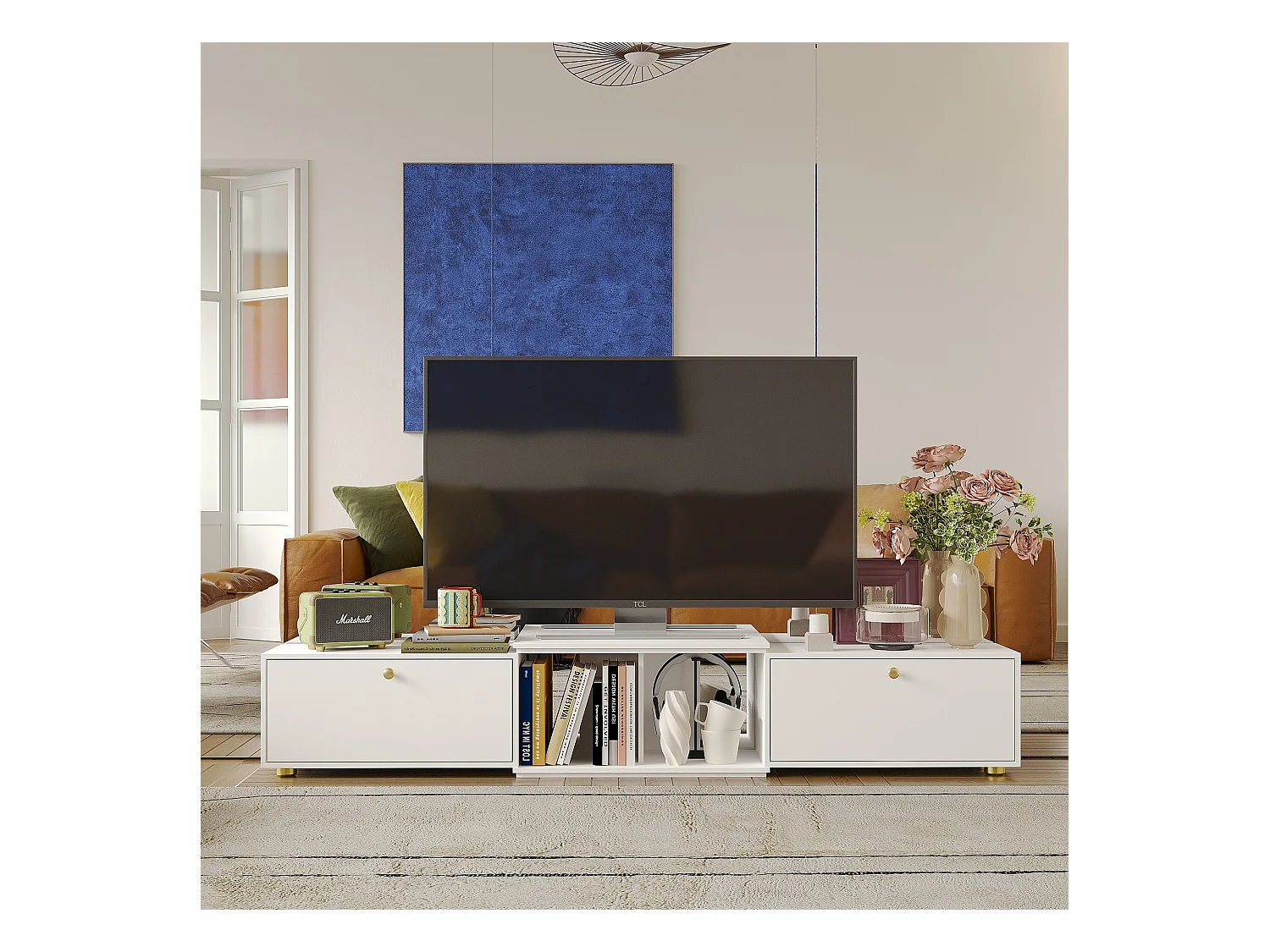 Meuble TV avec longueur réglable,support TV,Meuble bas,2 tiroirs,2 compartiments ouverts,120x30x31cm,Blanc