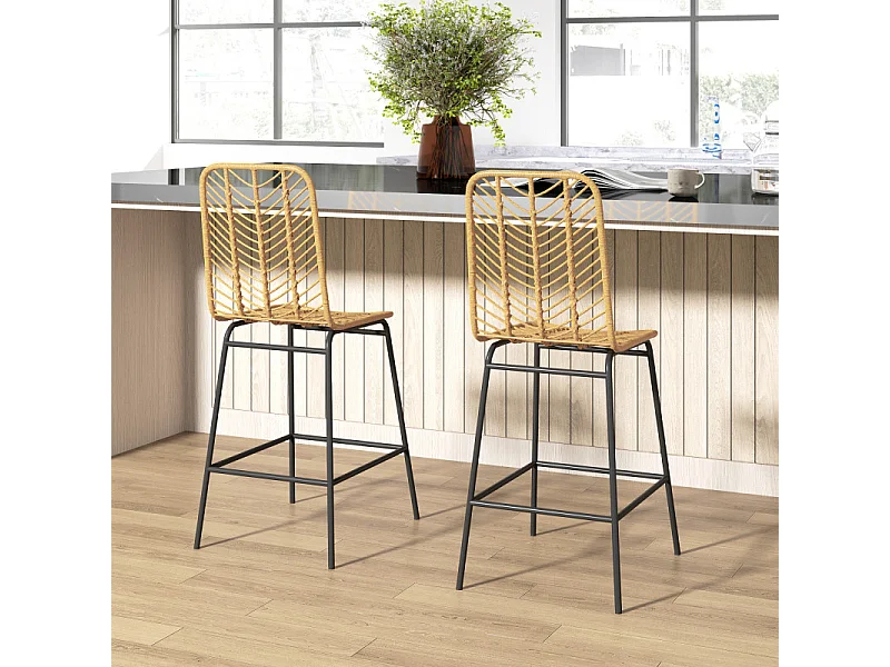 Lot de 2 tabourets de bar MARIO rotin et noir