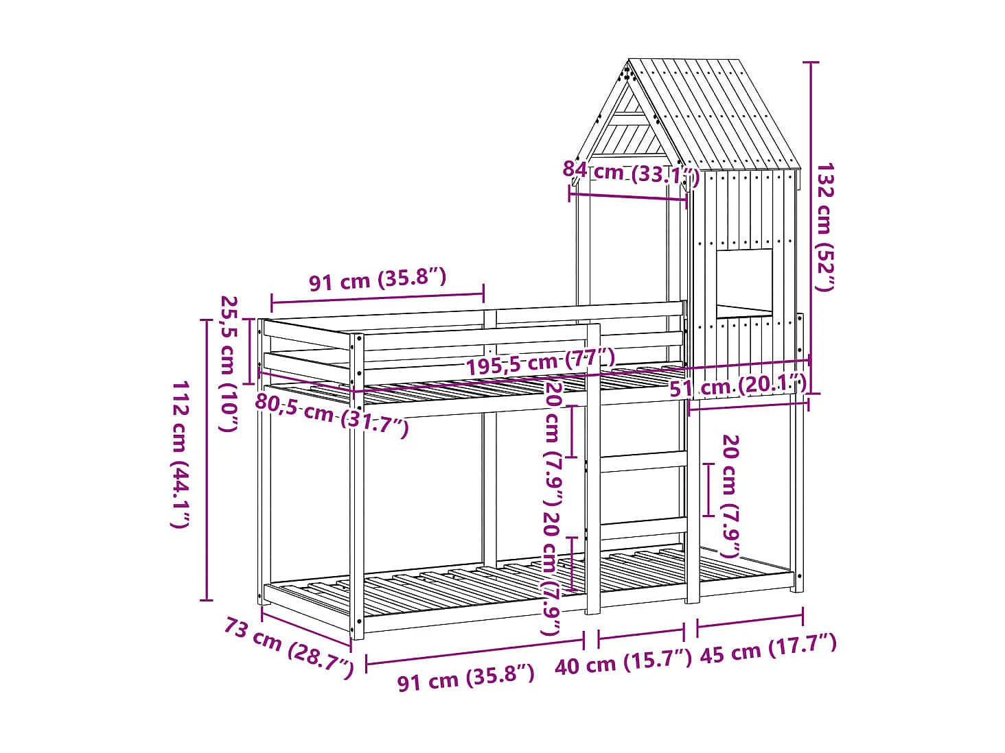 Lit superposé sans matelas cire marron 75x190 cm pin massif