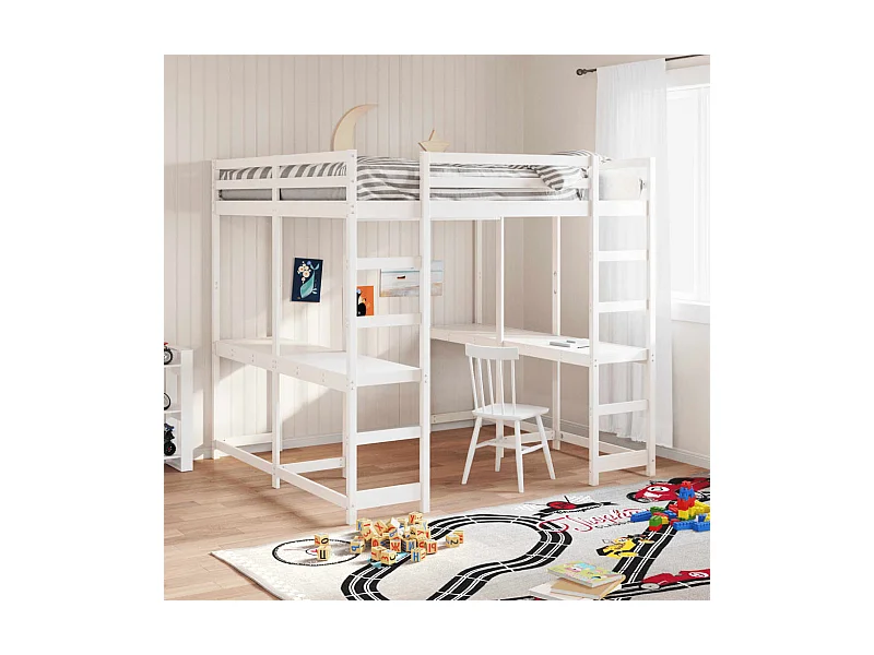 Hochbett mit Schreibtisch & Leiter Weiß 140x200 cm Kiefernholz