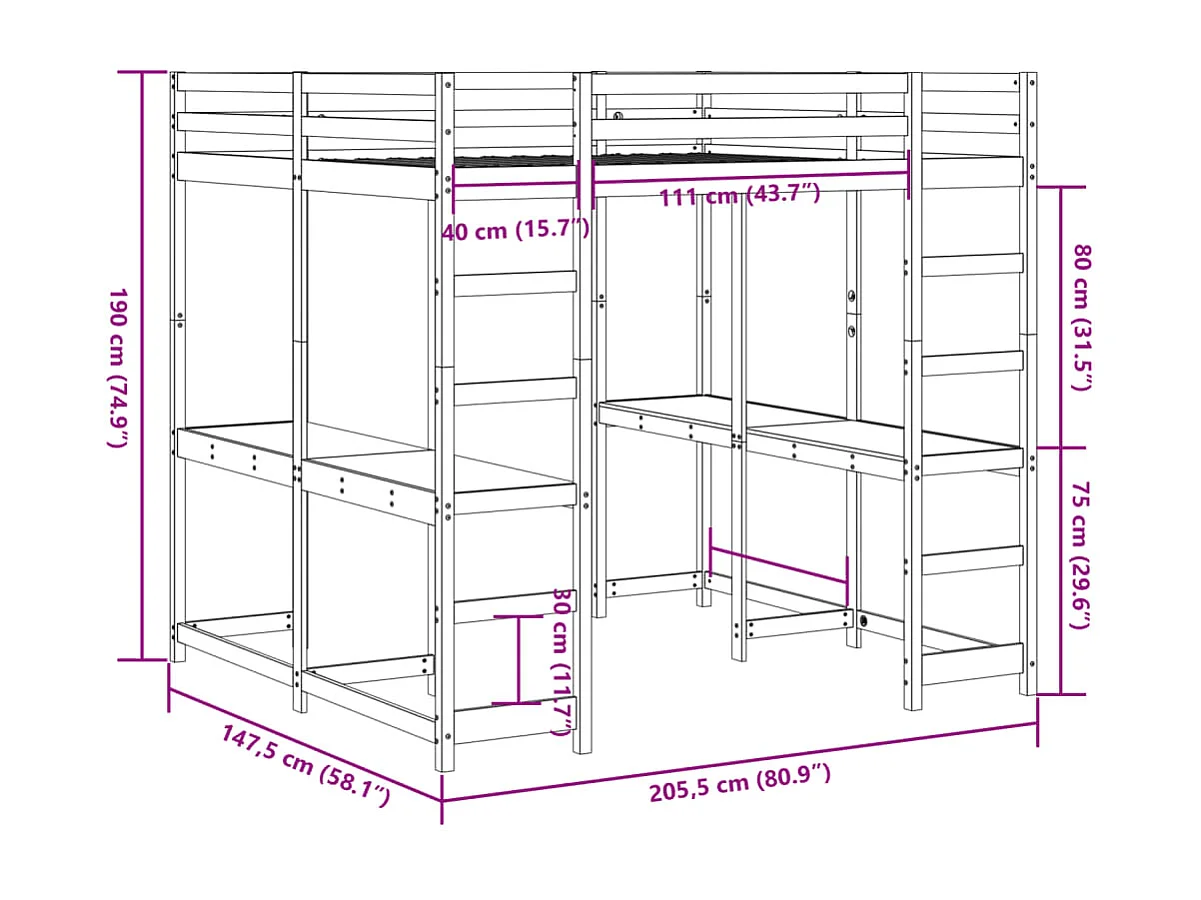 Hochbett mit Schreibtisch & Leiter Weiß 140x200 cm Kiefernholz