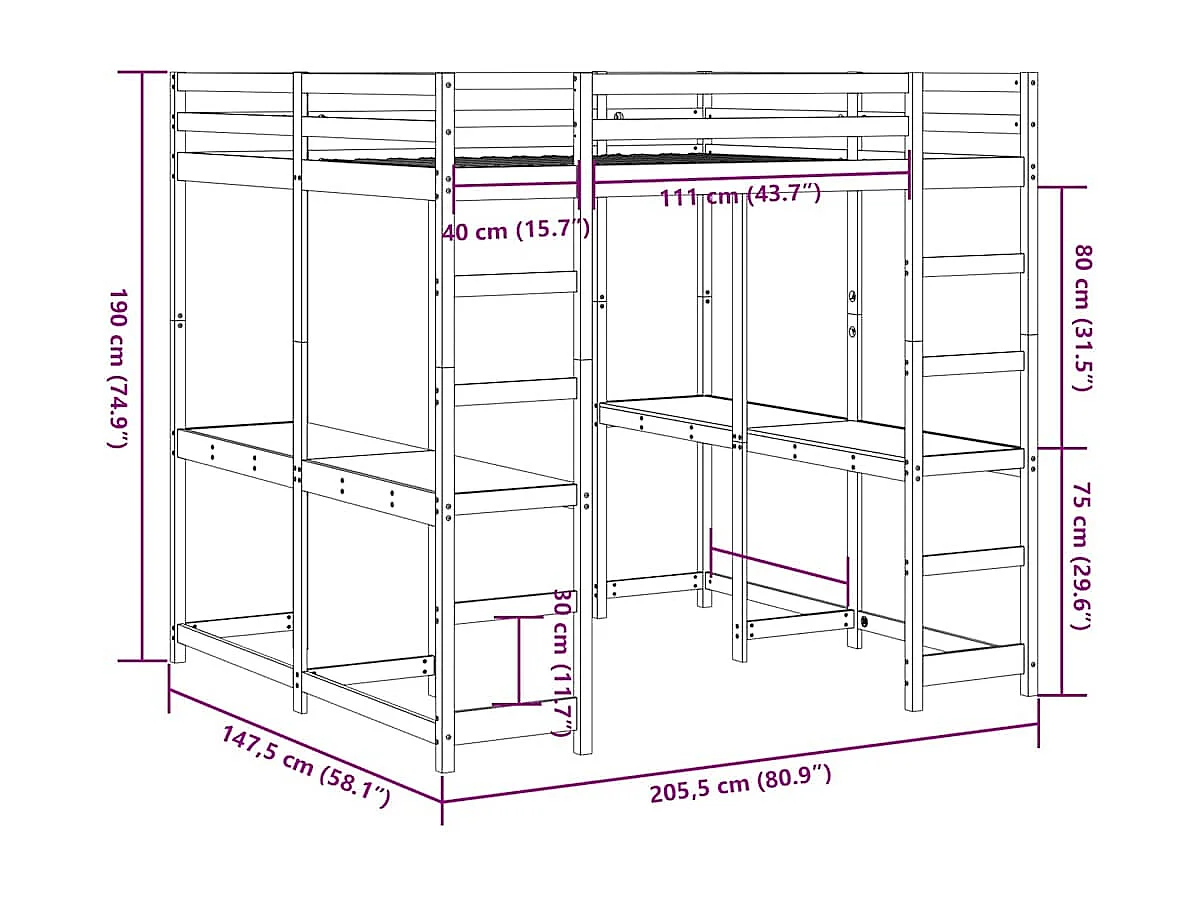 Lit superposé et bureau et échelle 140x200cm bois de pin massif