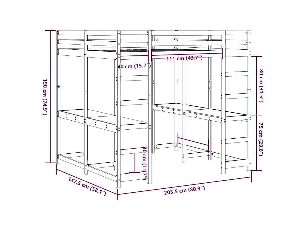 Lit superposé et bureau et échelle 140x200cm bois de pin massif