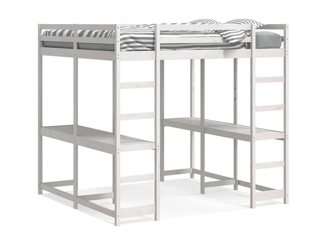 Cama alta c/ secretária e escada 200x200 cm pinho maciço branco