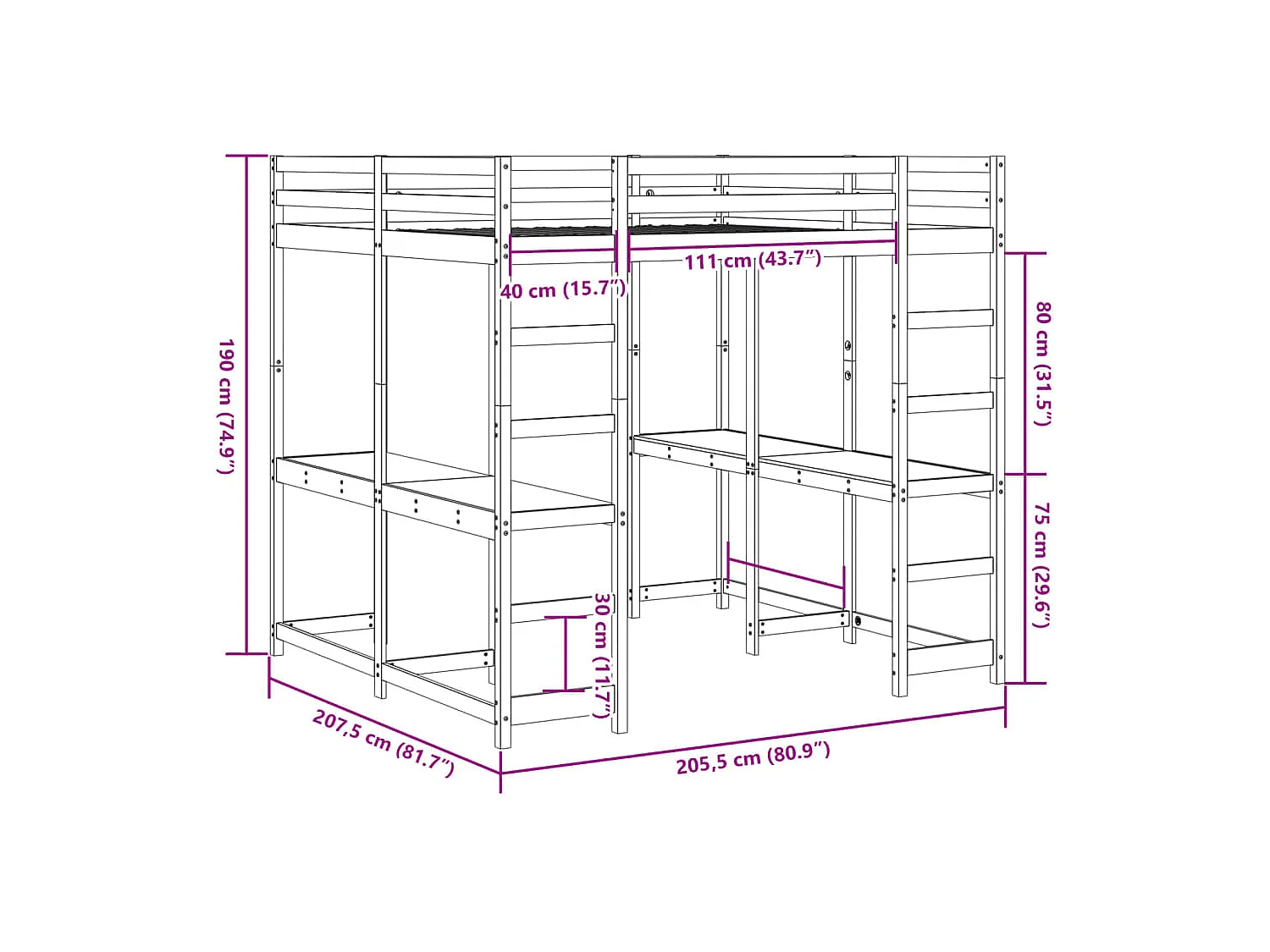 Cama alta c/ secretária e escada 200x200 cm pinho maciço branco