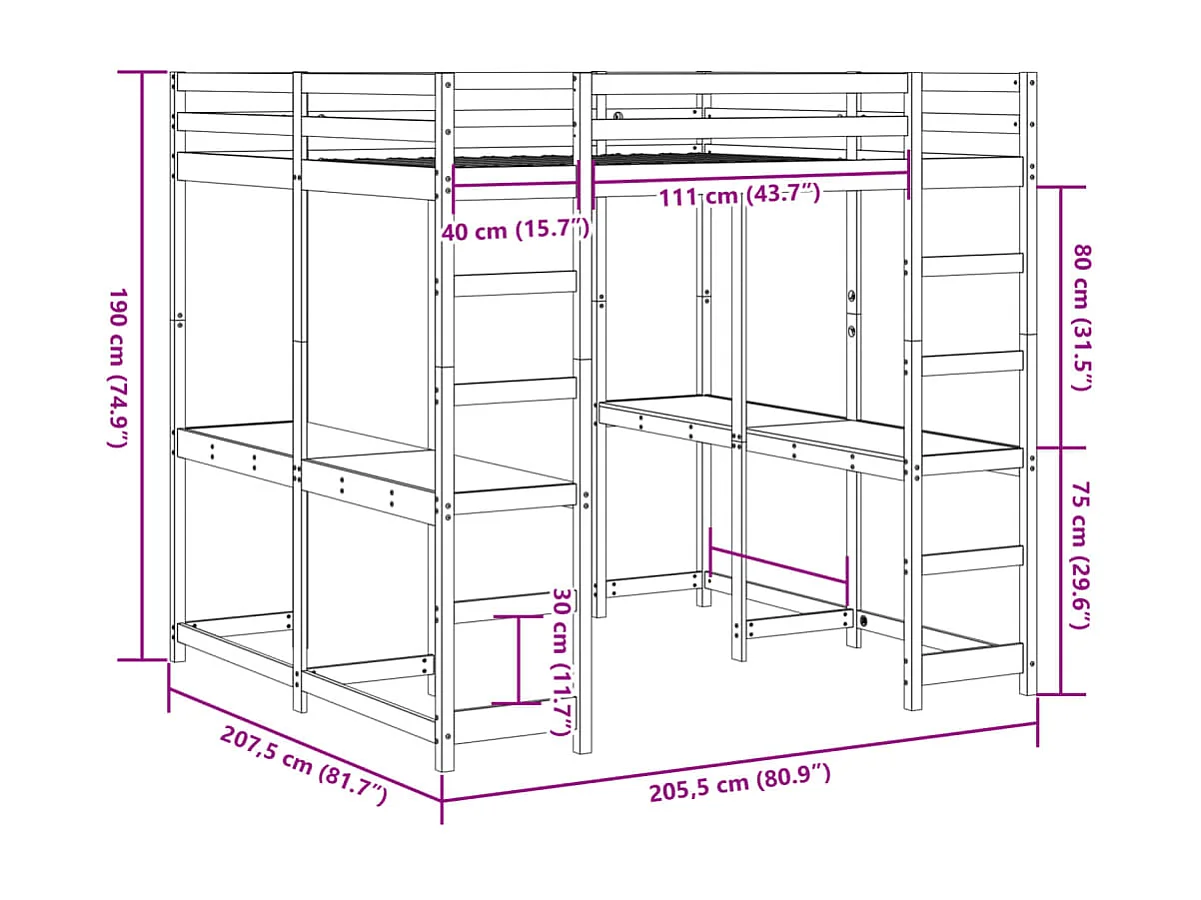 Cama alta c/ secretária e escada 200x200 cm pinho maciço branco
