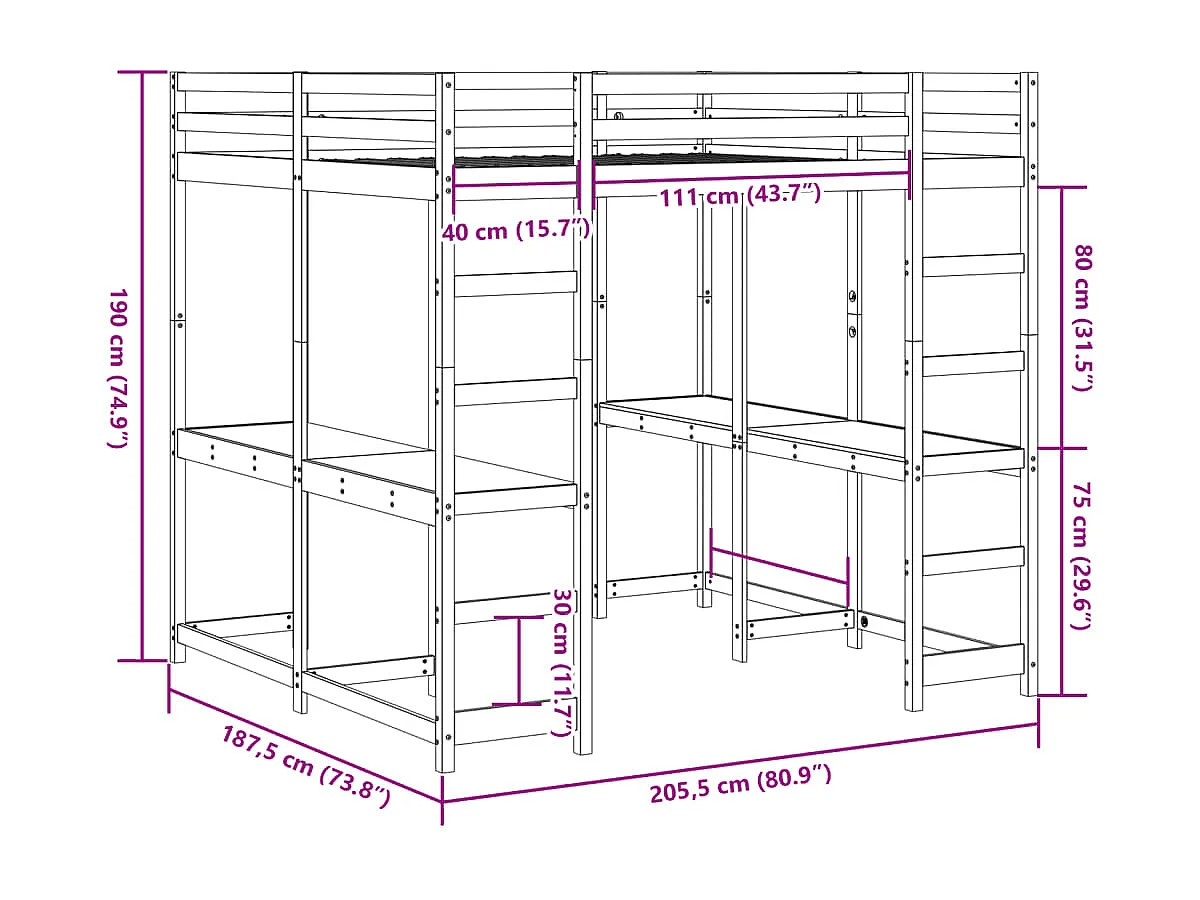 Lit superposé et bureau et échelle 180x200cm bois de pin massif