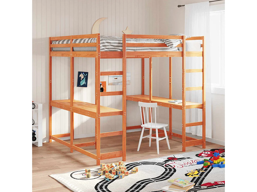 Lit superposé et bureau et échelle 180x200cm bois de pin massif