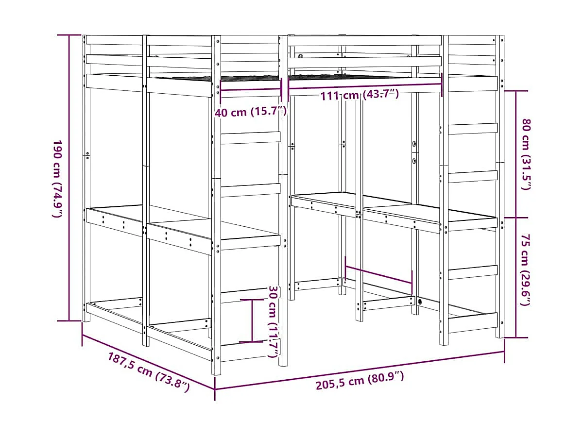 Lit superposé et bureau et échelle 180x200cm bois de pin massif