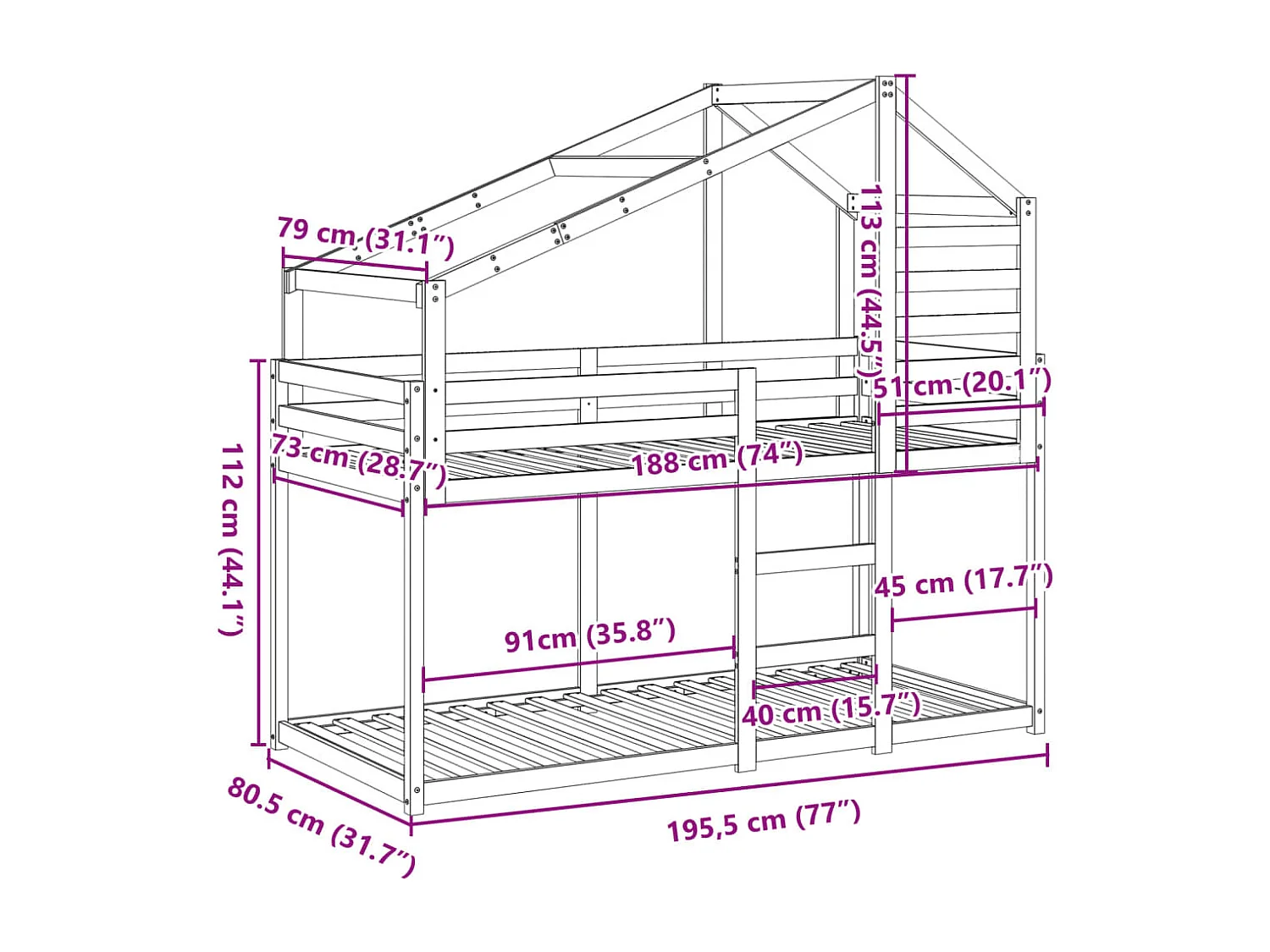 Lit superposé sans matelas blanc 75x190 cm bois de pin massif