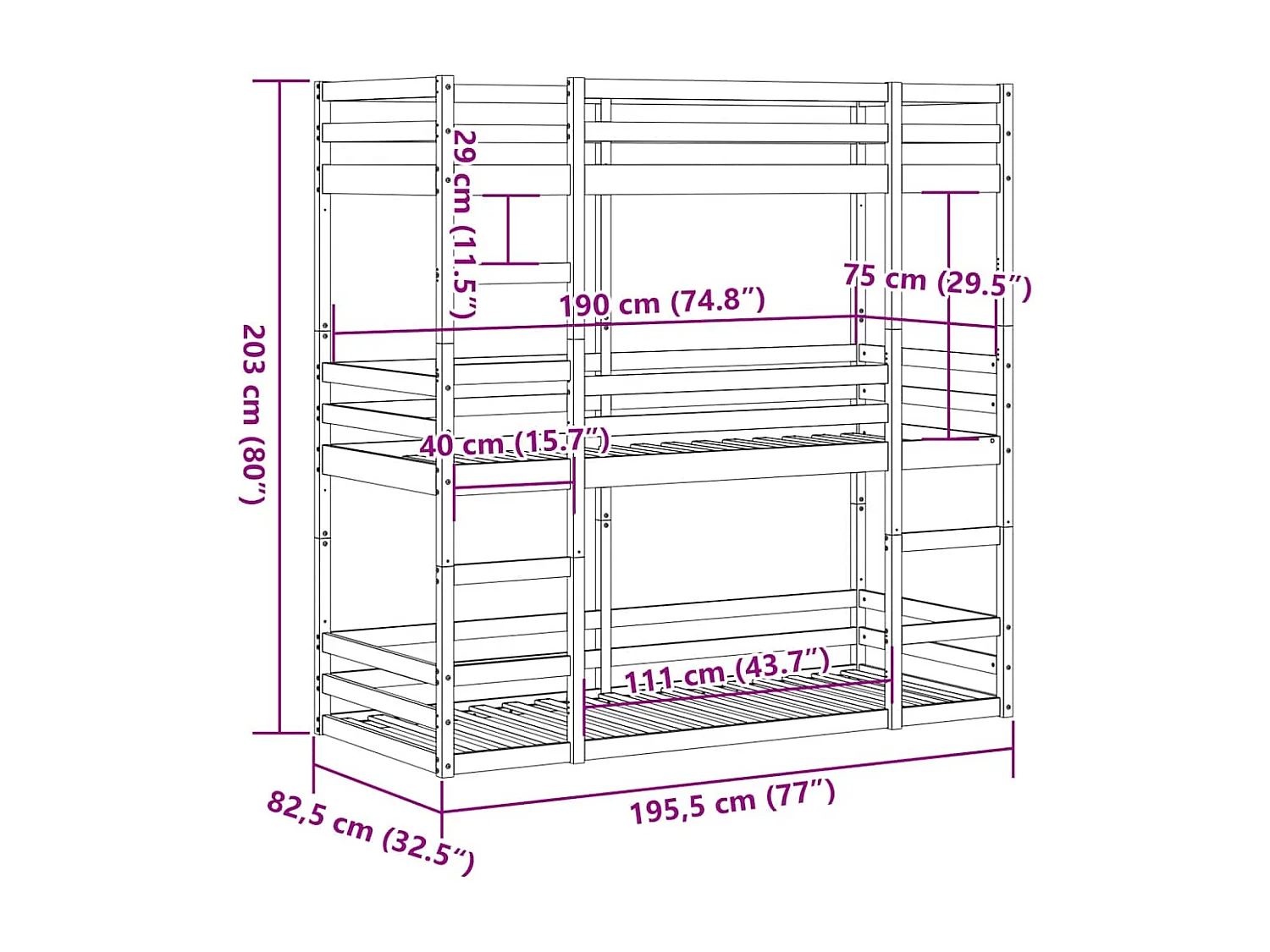 Beliche triplo 75x190 cm madeira de pinho maciça