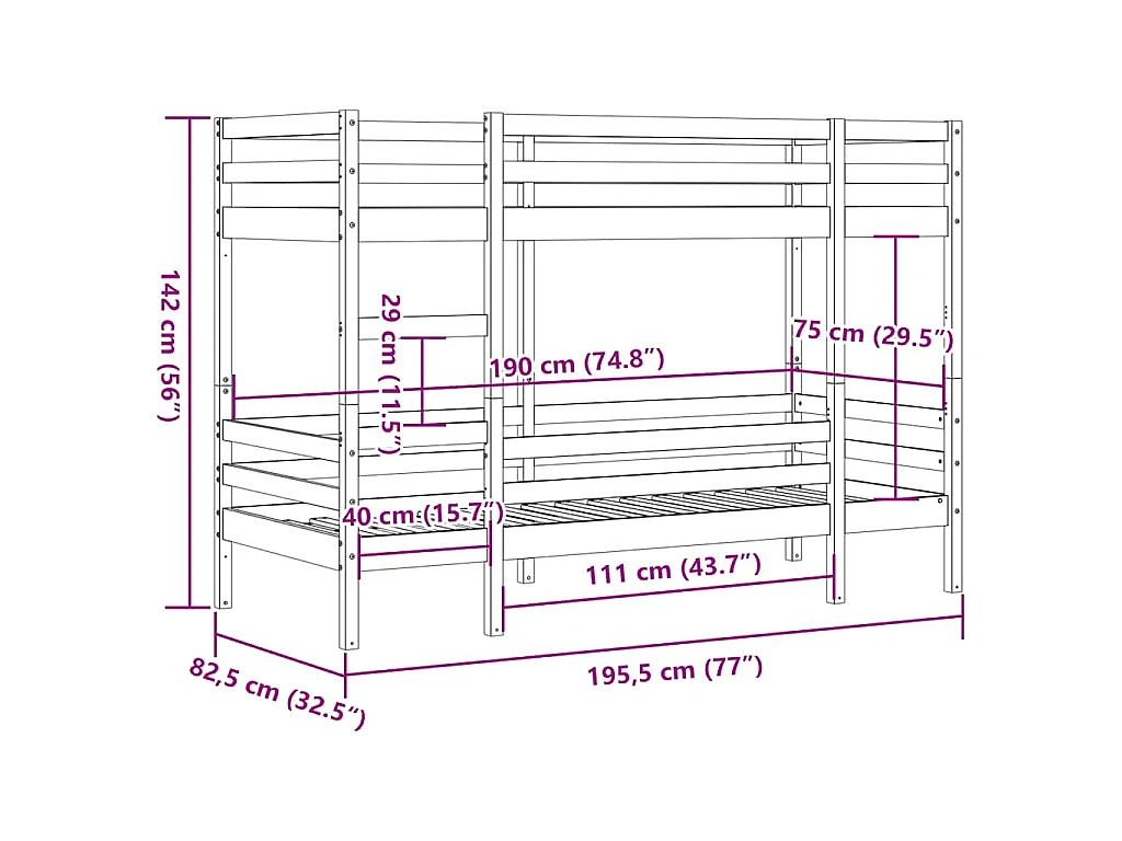 Letto a Castello Bianco 75x190 cm in Legno Massello di Pino