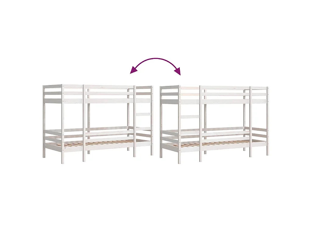 Letto a Castello Bianco 75x190 cm in Legno Massello di Pino