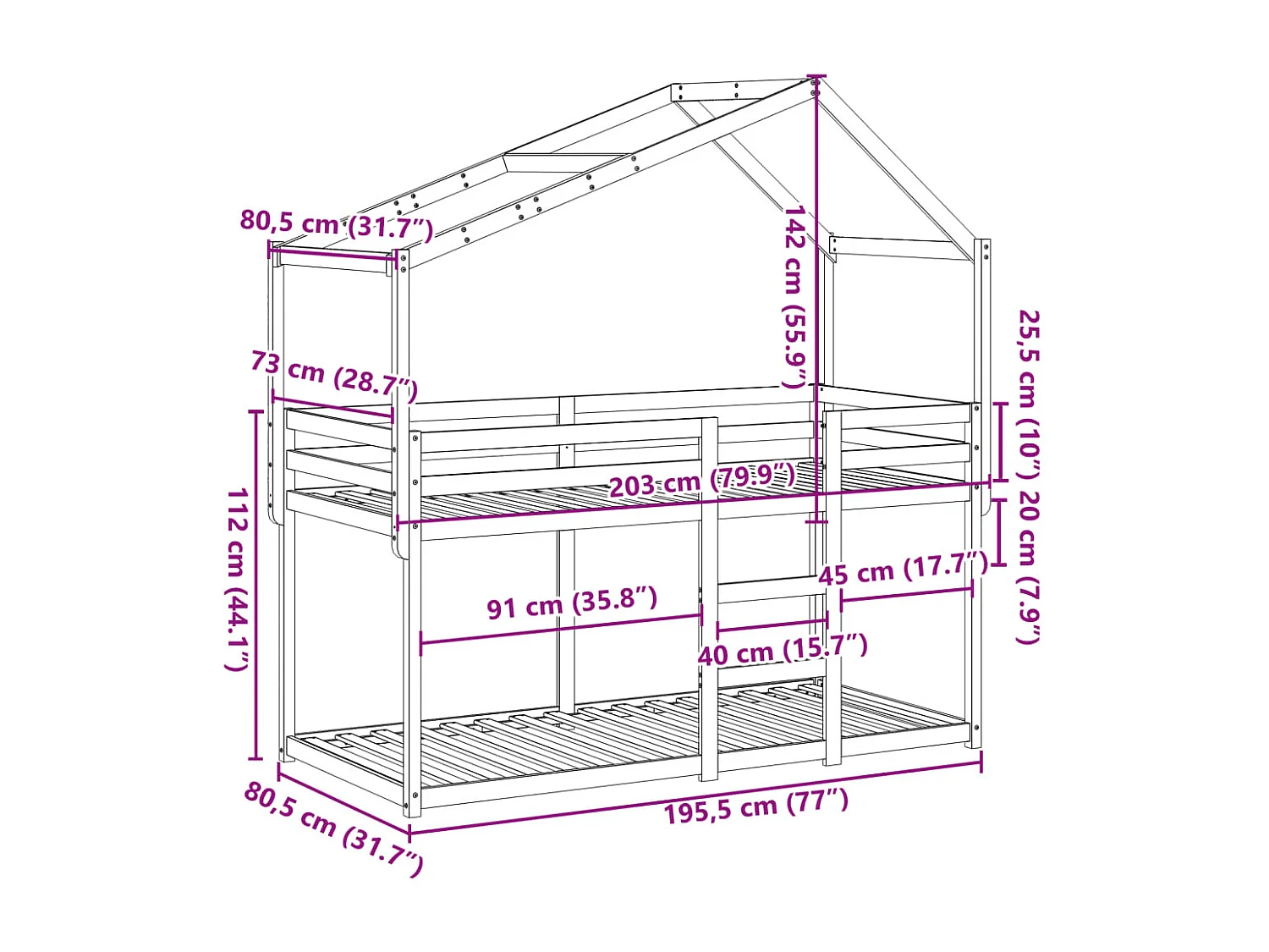 Lit superposé sans matelas blanc 75x190 cm bois de pin massif