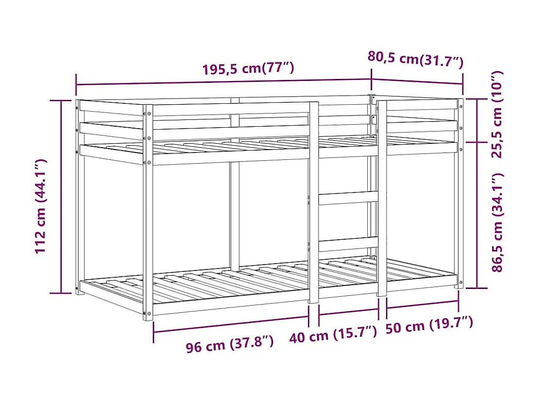 Lit superposé sans matelas 75x190 cm bois de pin massif