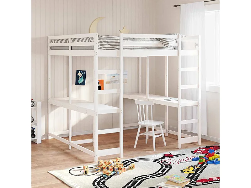 Letto Soppalco Scrivania e Scala Bianco 180x200cm Massello Pino