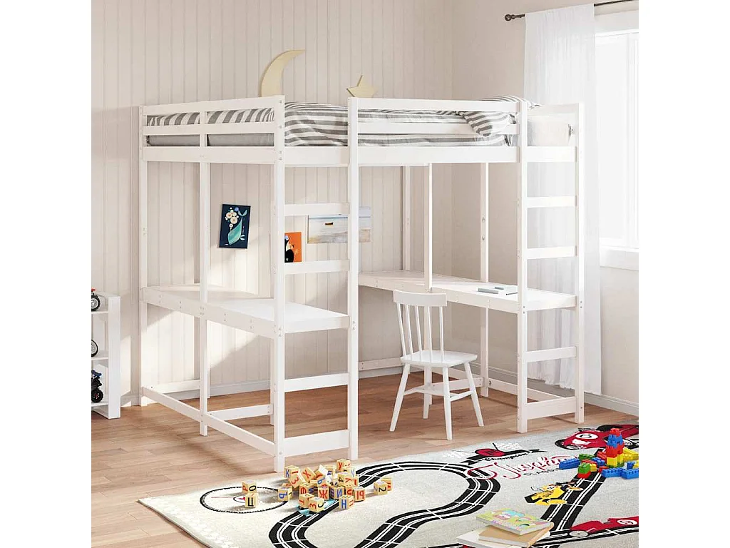 Lit superposé et bureau et échelle 180x200cm bois de pin massif