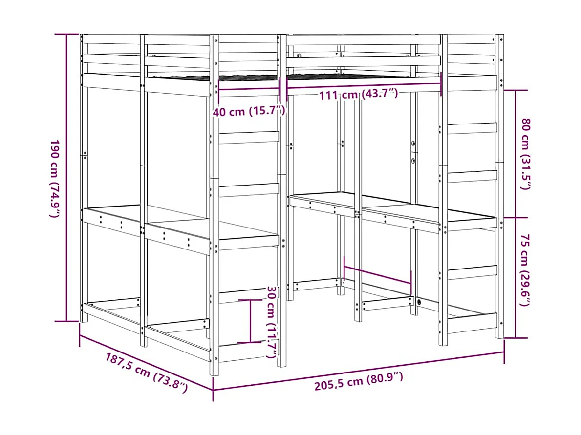 Lit superposé et bureau et échelle 180x200cm bois de pin massif