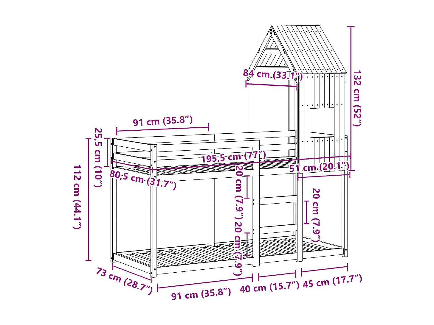 Lit superposé sans matelas blanc 75x190 cm bois de pin massif