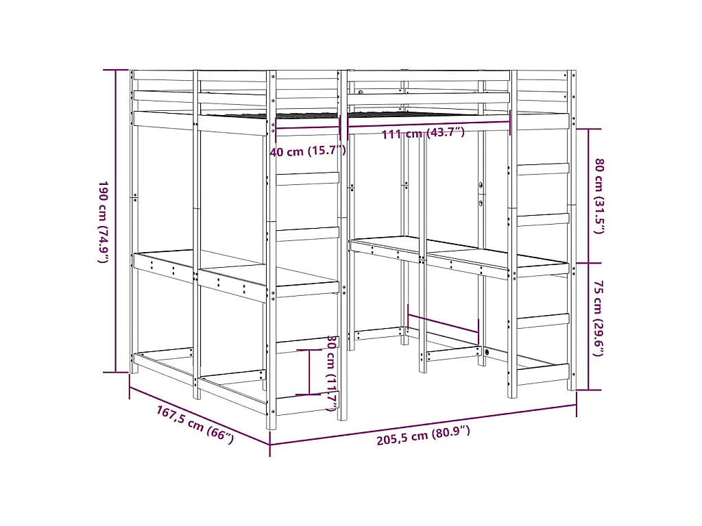 Lit superposé et bureau et échelle 160x200cm bois de pin massif