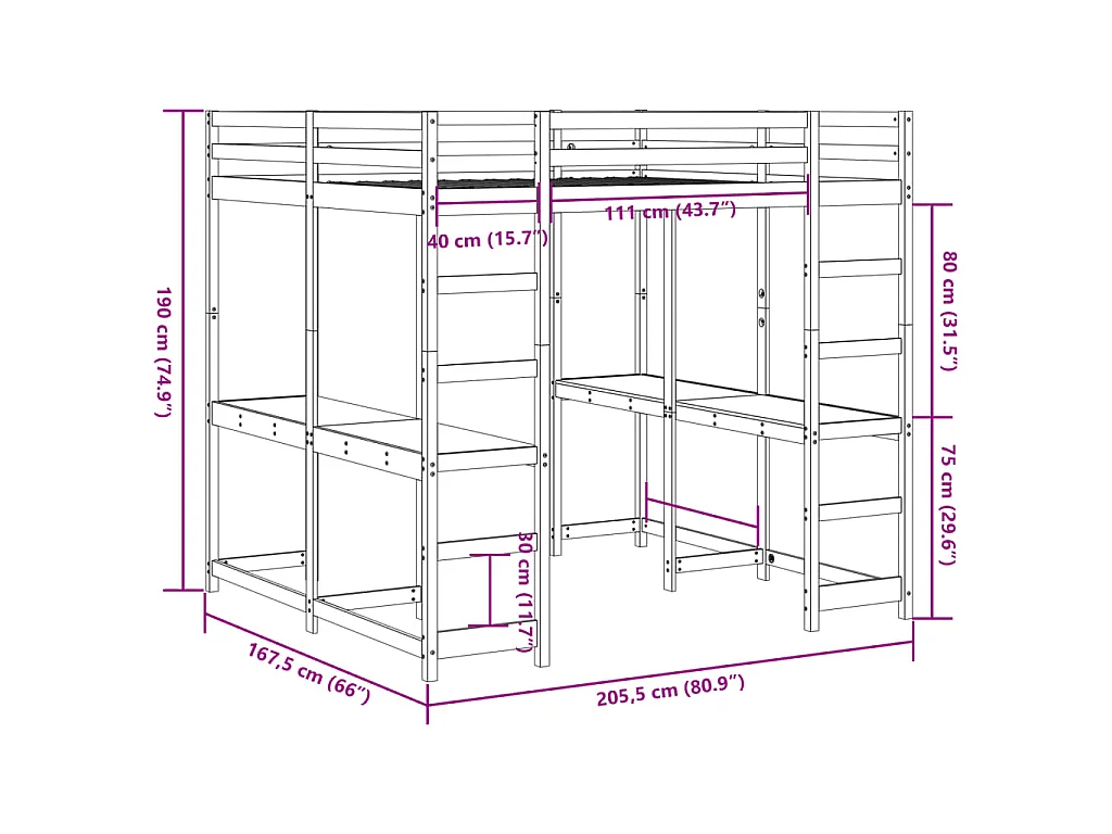 Lit superposé et bureau et échelle 160x200cm bois de pin massif