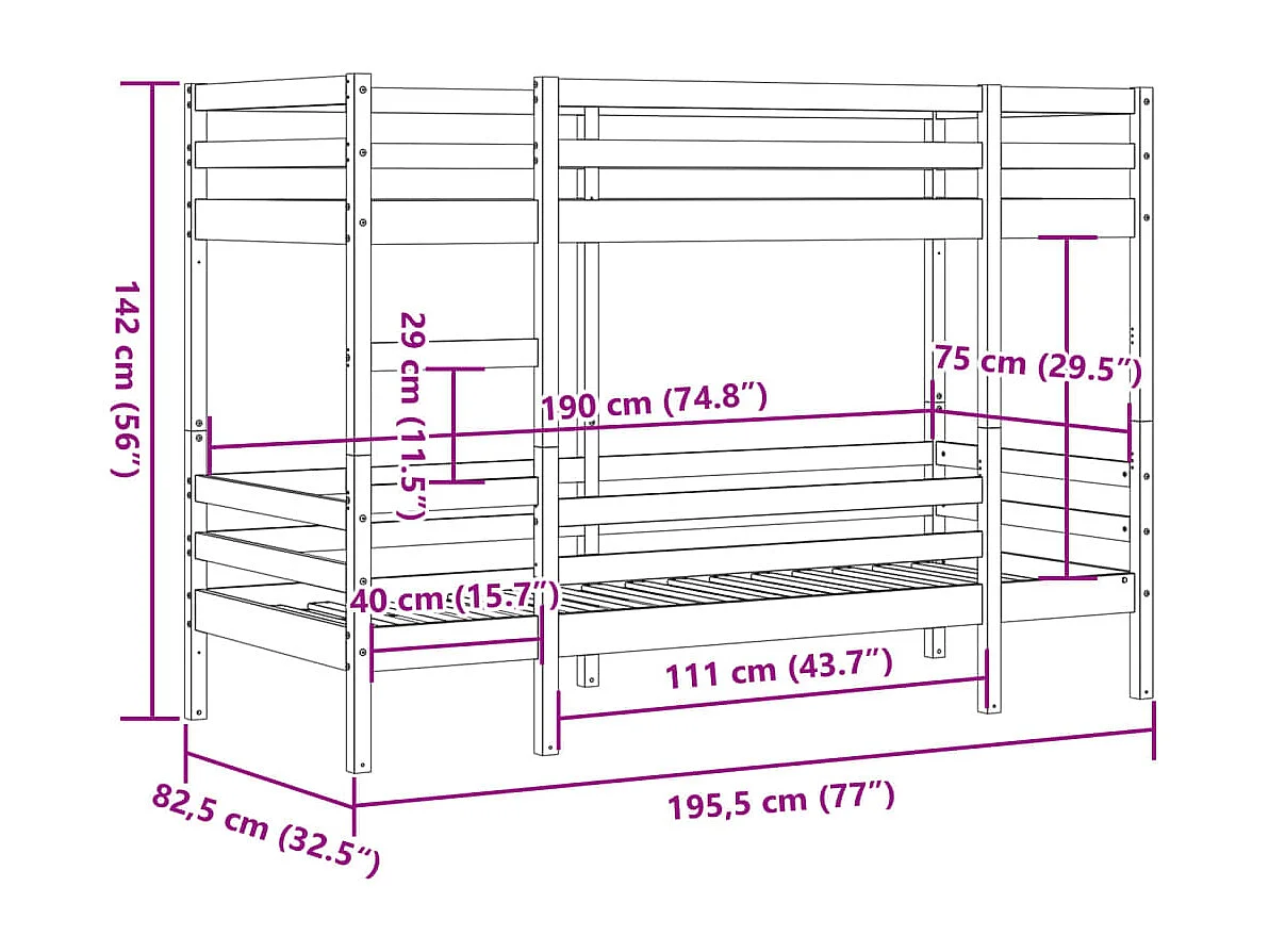 Lit superposé sans matelas 75x190 cm bois de pin massif