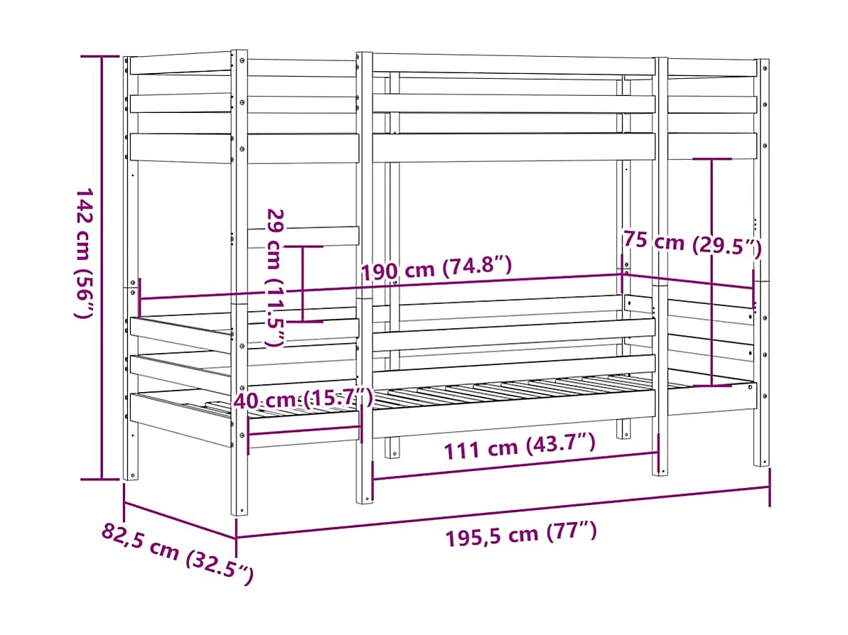 Lit superposé sans matelas 75x190 cm bois de pin massif
