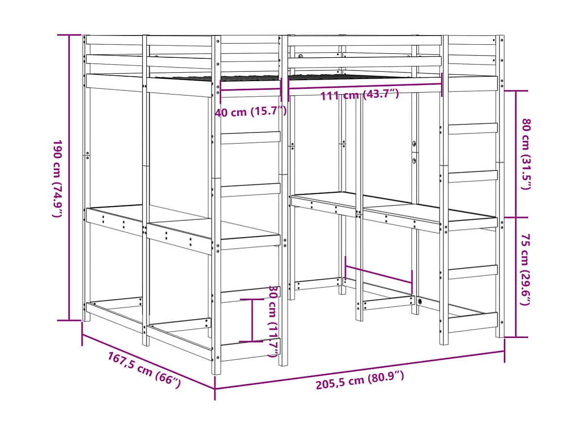 Hochbett mit Schreibtisch & Leiter Weiß 160x200 cm Kiefernholz