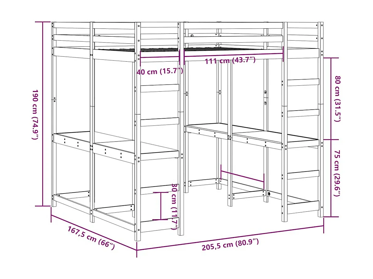 Lit superposé et bureau et échelle 160x200cm bois de pin massif
