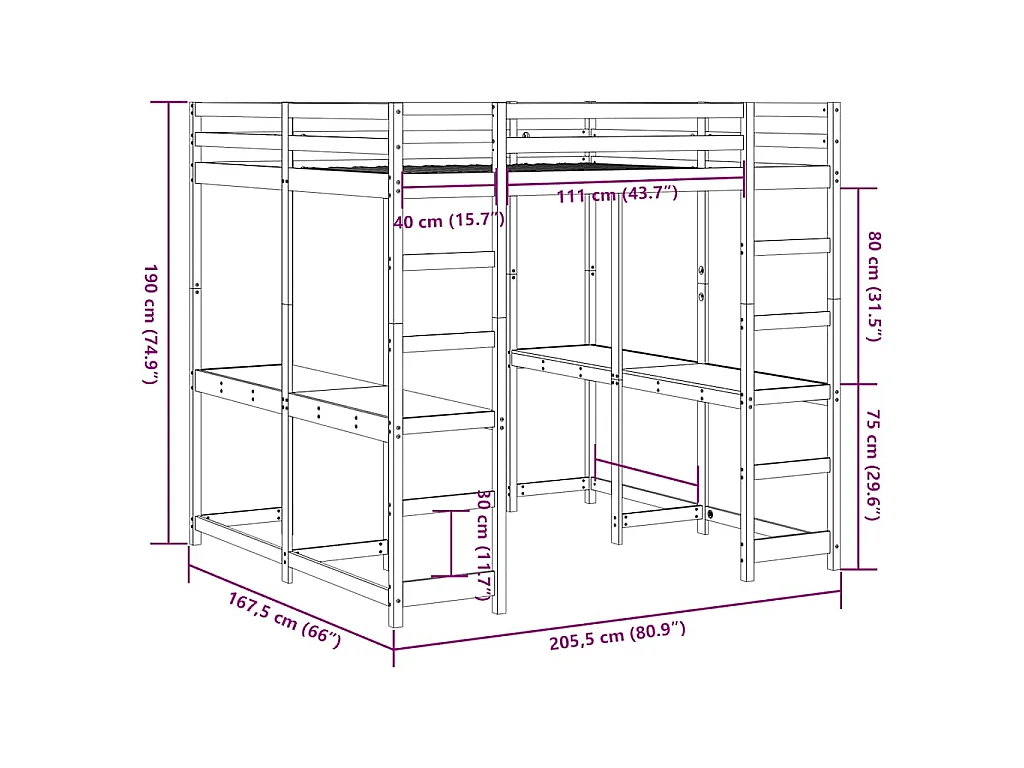 Lit superposé et bureau et échelle 160x200cm bois de pin massif