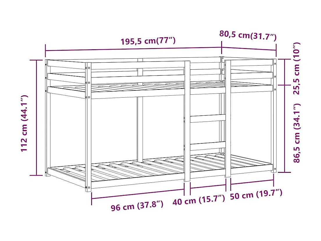 Lit superposé sans matelas 75x190 cm bois de pin massif