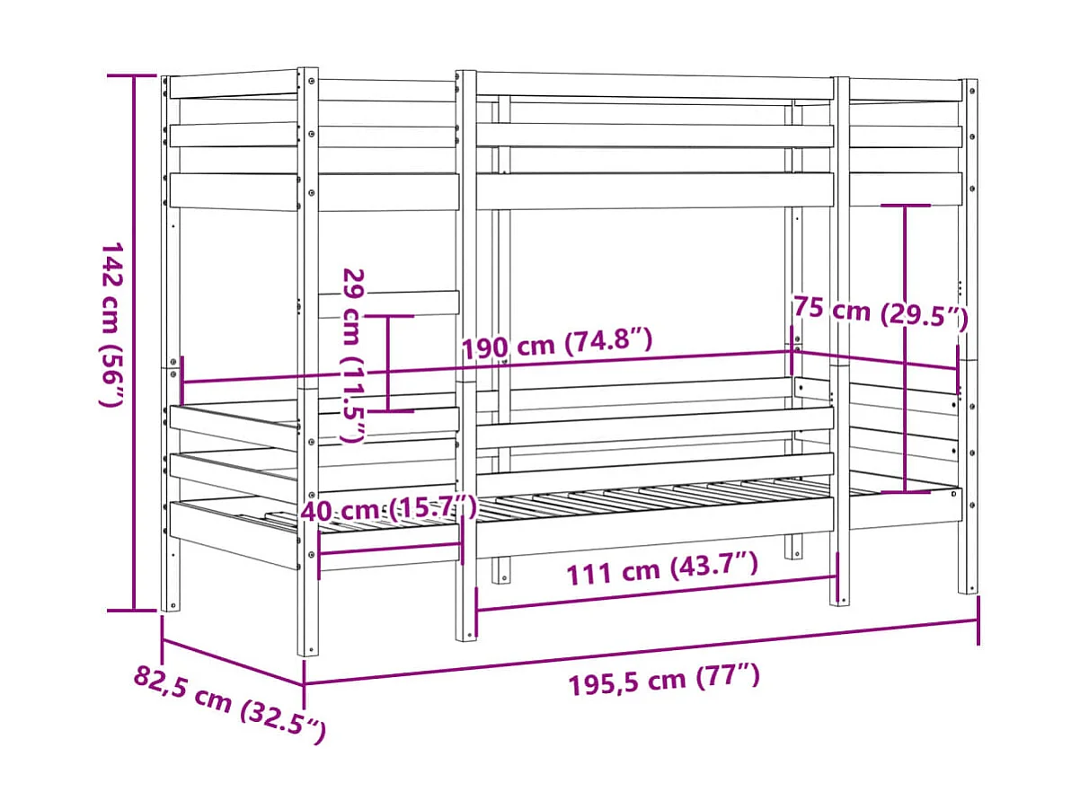 Lit superposé sans matelas cire marron 75x190 cm pin massif