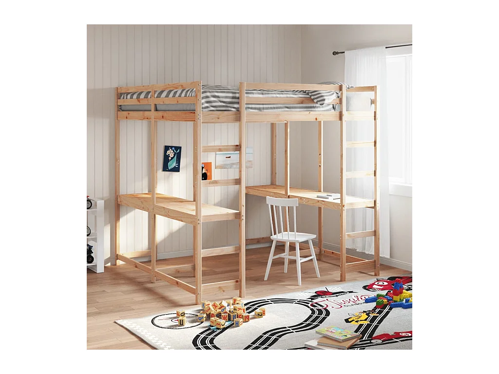 Lit superposé et bureau et échelle 140x200cm bois de pin massif